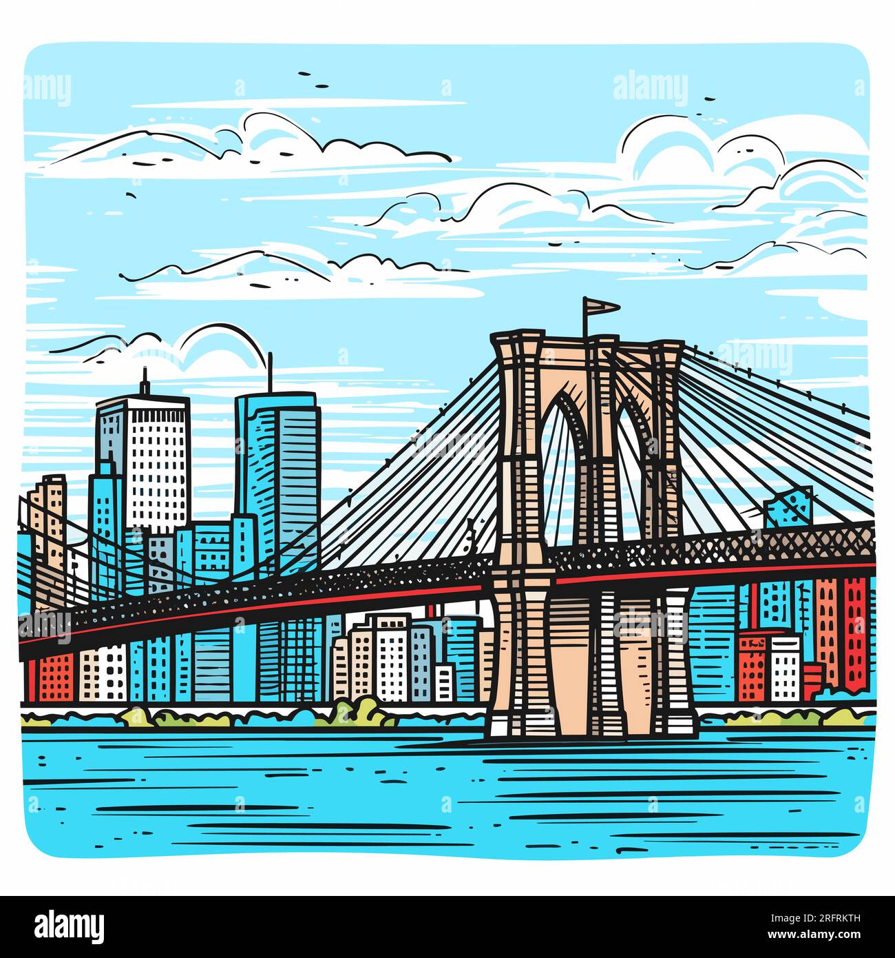 Handgezeichnete Comic-Illustration der Brooklyn Bridge. Brooklyn-Brücke. Vektor-Doodle-Zeichentrickfilm-Illustration Stock Vektor