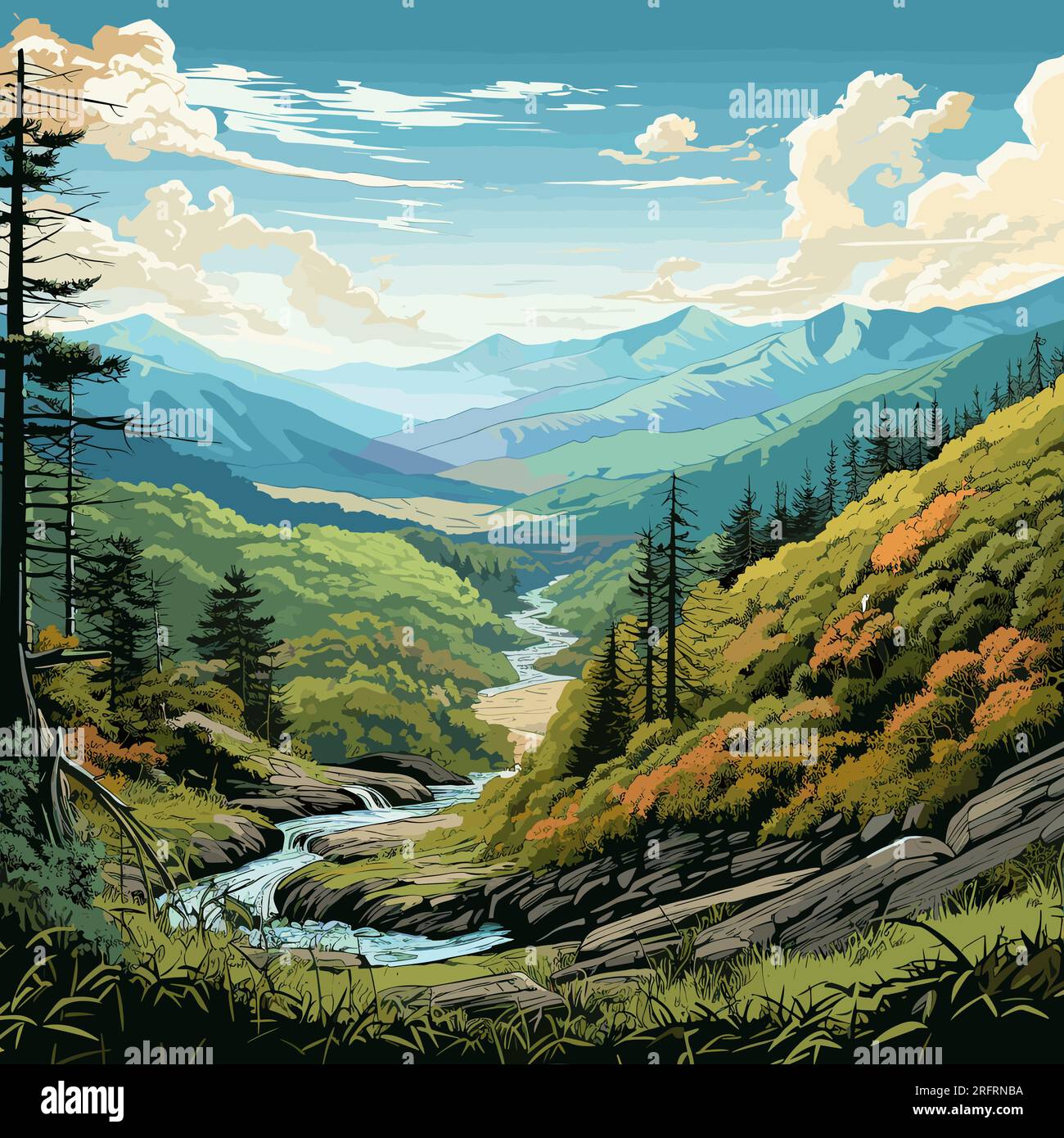 Ein handgezeichnetes Comic-Bild der Great Smoky Mountains. Die Great Smoky Mountains. Vektor-Doodle-Zeichentrickfilm-Illustration Stock Vektor