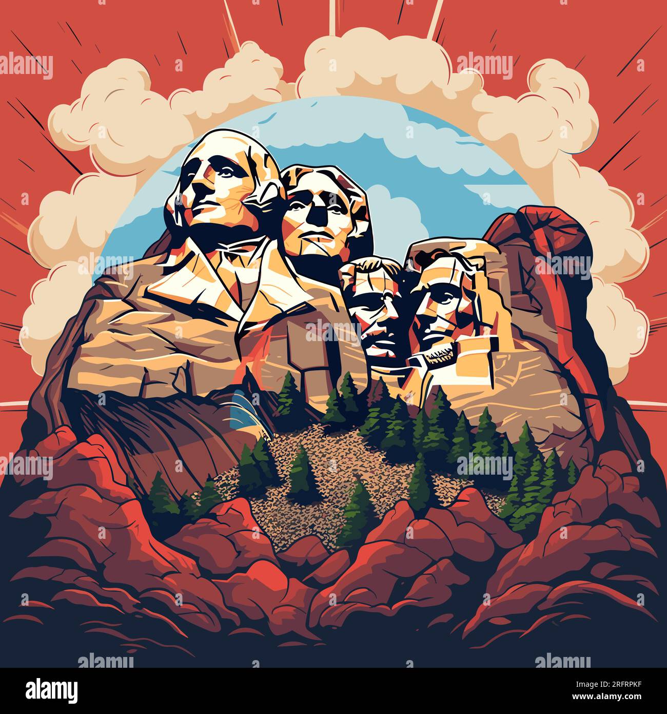 Von Hand gezeichnete Comic-Illustration von Mount Rushmore. Mount Rushmore. Vektor-Doodle-Zeichentrickfilm-Illustration Stock Vektor