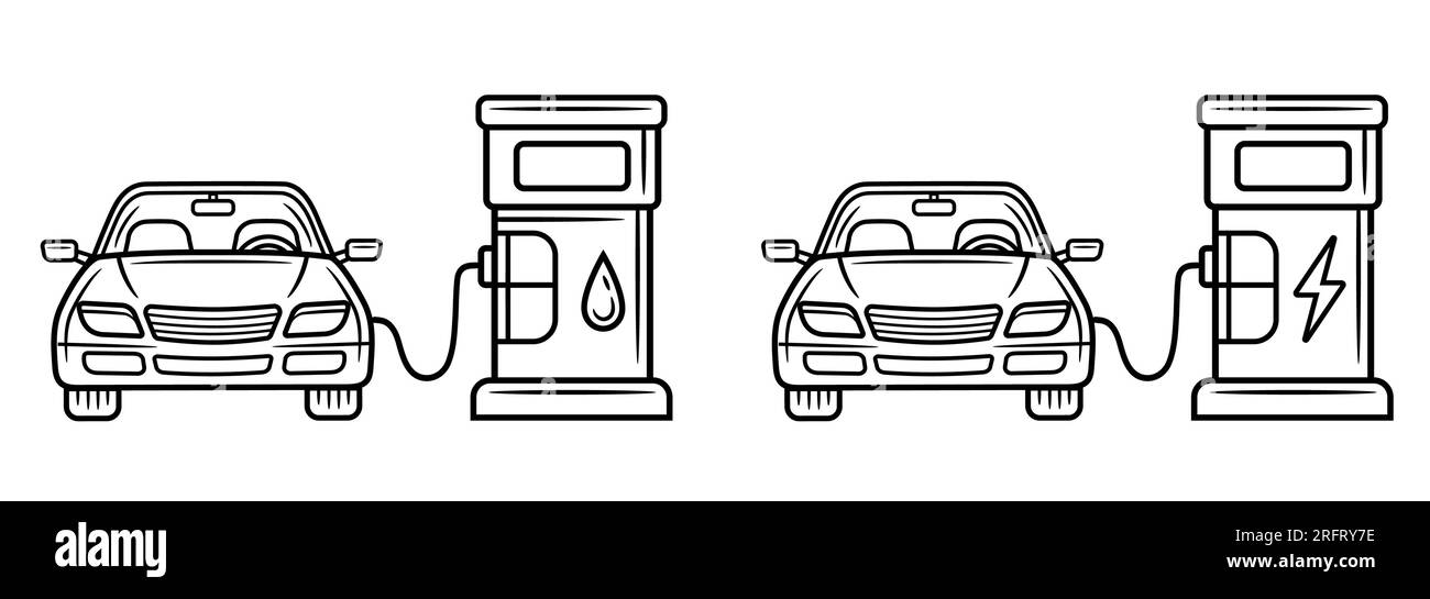 Tankstelle, Benzinpumpe, Aufladen von Elektrofahrzeugen, Diesel-Betankung, Fahrzeugliniensymbol. Elektrotransport aufladen. Vektor der Benzinversorgung Stock Vektor