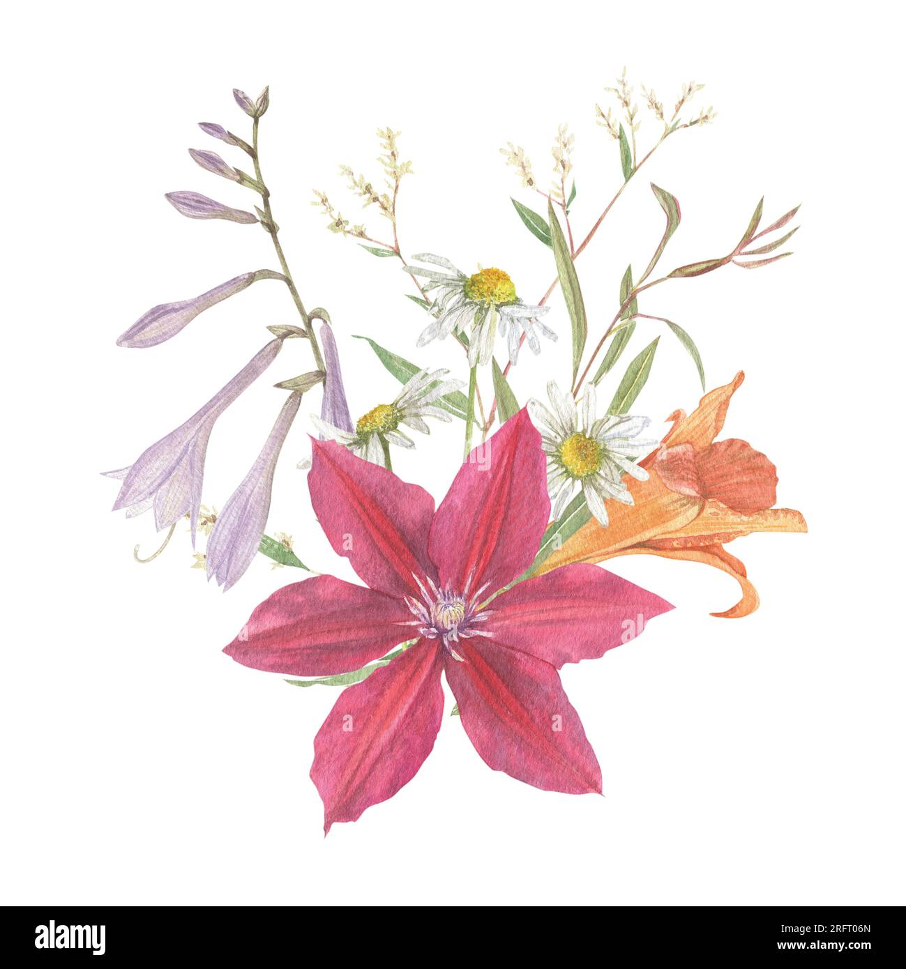 Blumige Anordnung von Gartenblumen. Clematis, Hosta, Kamille. Blumenelemente für eine Einrichtung, Drucke im Vintage-, viktorianischen und Busho-Stil. Stockfoto