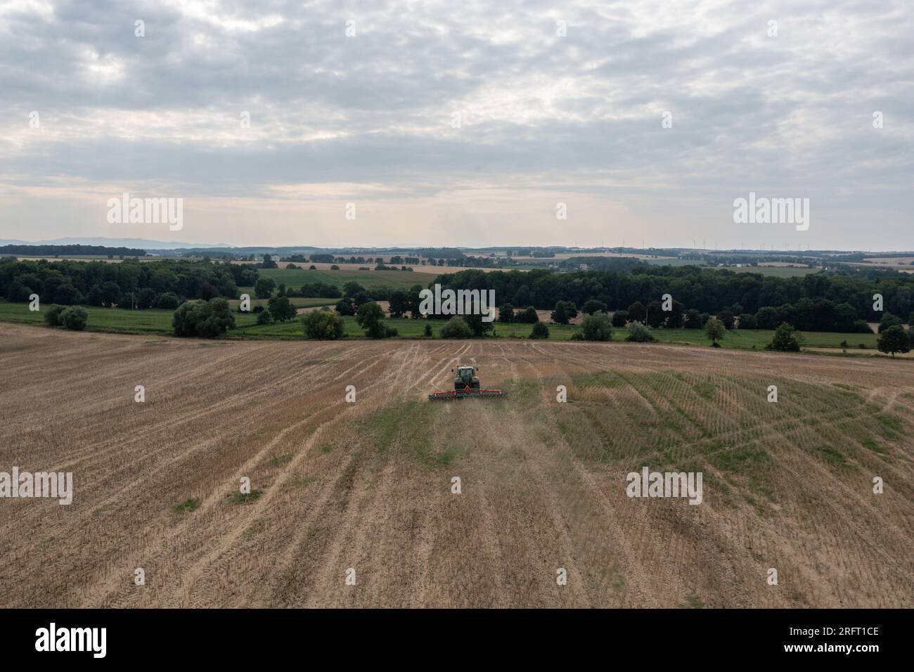 Erntefeld mit Mähdrescher im Sommer. Bei der Ernte auf dem Feld mäht der Mähdrescher Getreide in Nysa, Polen. Luftdrohnenfoto von Harve Stockfoto