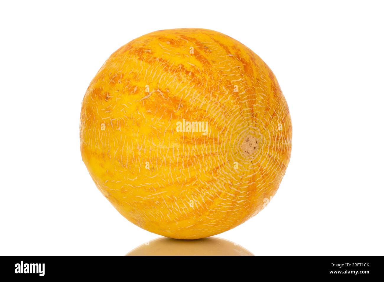 Eine gelbe Melone, Makro, isoliert auf weißem Hintergrund. Stockfoto