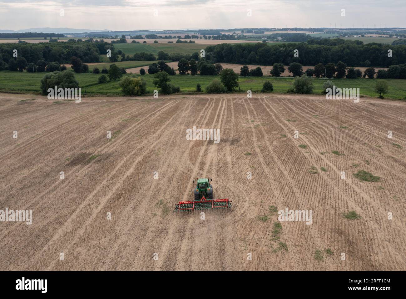 Erntefeld mit Mähdrescher im Sommer. Bei der Ernte auf dem Feld mäht der Mähdrescher Getreide in Nysa, Polen. Luftdrohnenfoto von Harve Stockfoto