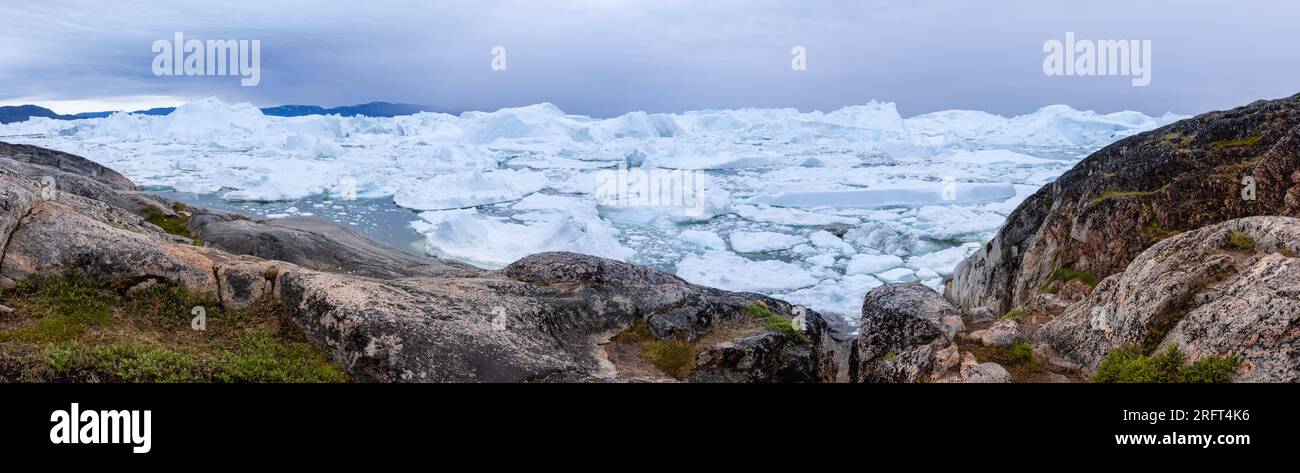 Ilulissat Icefjord Panorama gegen Sermeq Kujalleq Gletscher, Ilulissat, Grönland Stockfoto