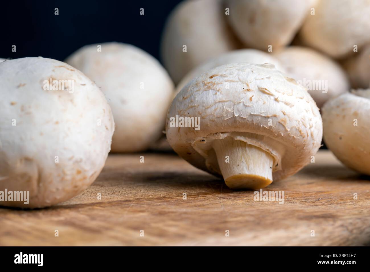 Kochen von Pilzgerichten auf einer Tafel, reife ganze Pilze zum Kochen Stockfoto