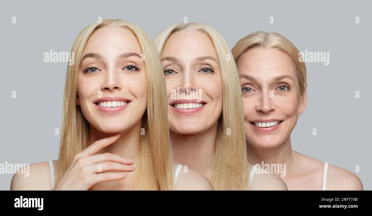 Alterungskonzept. Attraktive blonde Frau, 20, 50 und 65 Jahre alt Stockfoto