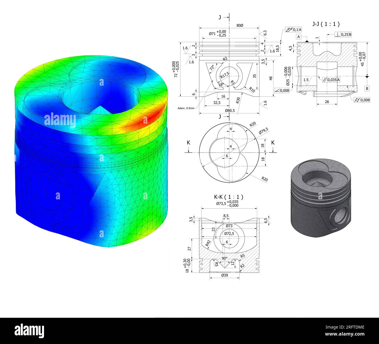 Finite-Elemente-Methode, FEM, Analyse und technische Zeichnungen Grafiken eines Kolbens aus einem Verbrennungsmotor in einem Auto Stockfoto
