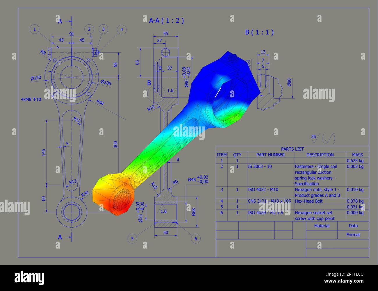 Finite-Elemente-Methode, FEM, Analyse Pleuelstangenkurbel auf Reibung und Kräfte in hin- und Herbewegung in Rotation umgewandelt Stockfoto