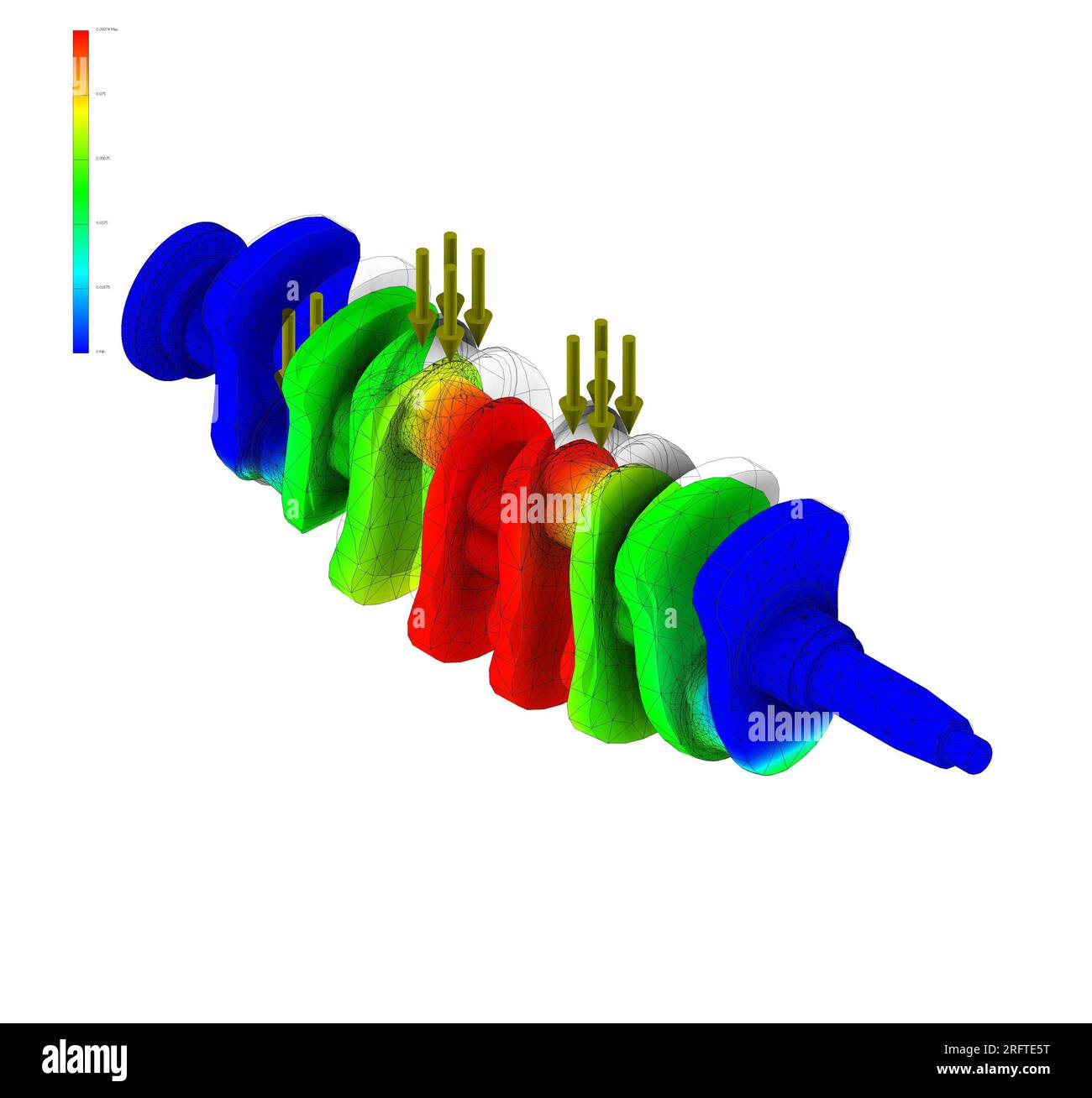 Finite-Elemente-Methode, FEM, Kurbelwelle, Prüfung von Ermüdung und Spannung im Material Stockfoto