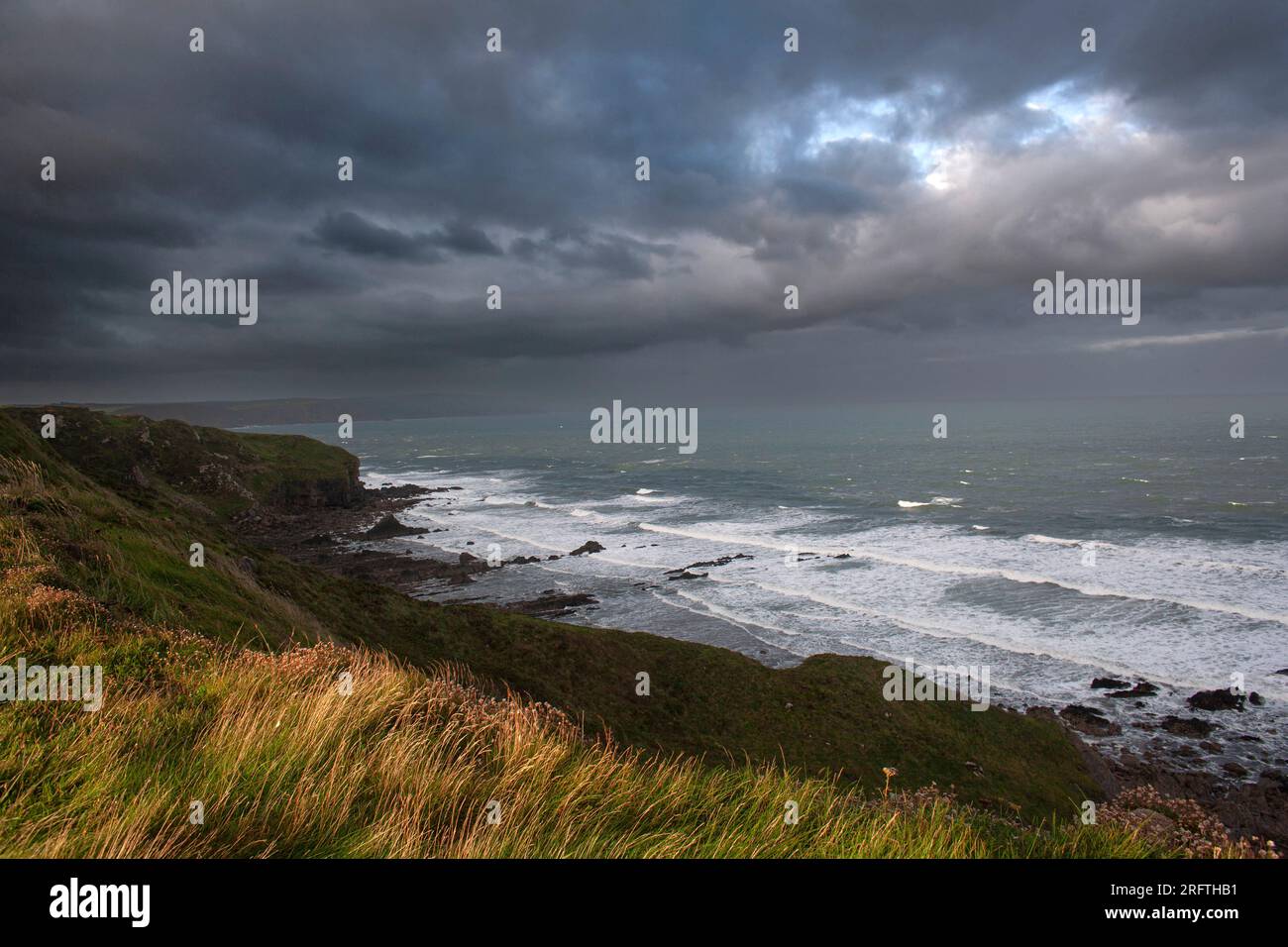 Unberührte Klippen entlang des National Trust Coast Path in der Nähe von Bude, Cornwall, England. Stockfoto