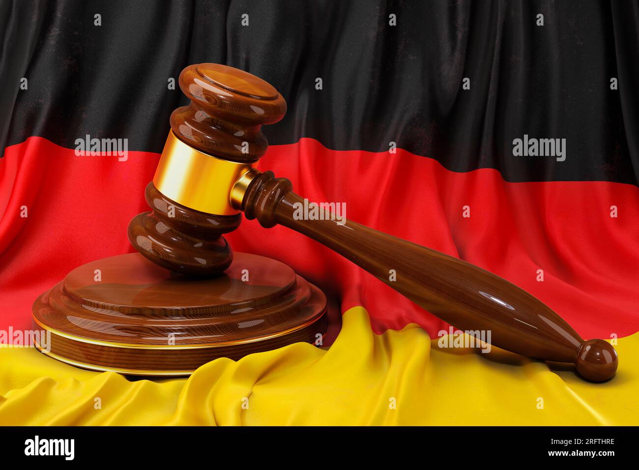 Deutsches Recht und Rechtsbegriff. Holzhammer auf der Flagge Deutschlands, 3D-Rendering Stockfoto