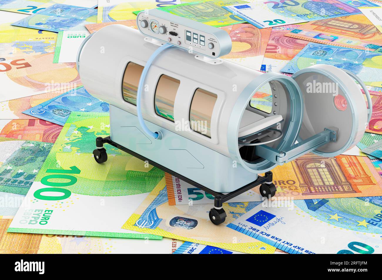 Hyperbarische Kammer im Euro-Hintergrund, 3D-Rendering Stockfoto