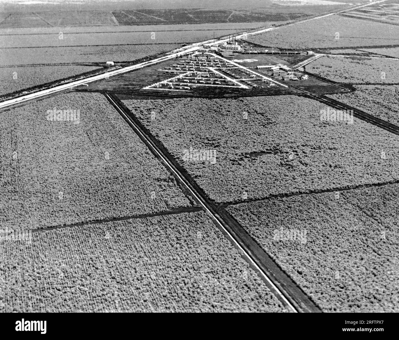 Lake Okeechobee, Florida: c. 1926 das erste Luftfoto zeigt, was die riesigen Zuckerrohrfelder mit den Everglades von Florida machen. Diese Gegend, östlich des Lake Okeechobee, war früher die Heimat der Seminole Indians, wurde aber jetzt mit javanesisch-Himalaya-Zuckerrohr abgesaugt und bepflanzt. Die Stadt und die Fabrik sind an der Spitze. Stockfoto