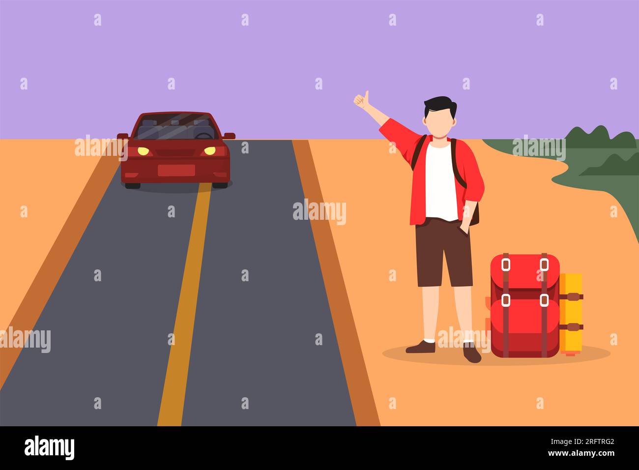 Flacher Cartoon-Anhalter mit Gepäck und Daumen nach oben, der am Straßenrand auf das Auto wartet. Lächelnder Mann mit Daumen oder Anhalter. Urlaub, ho Stockfoto