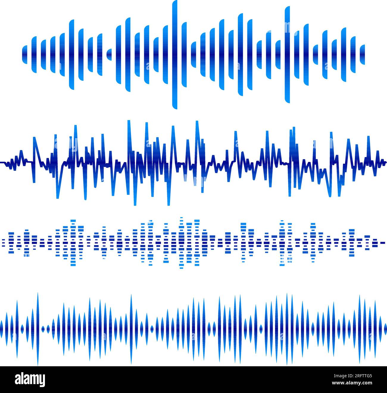 Abstraktes Music Waves Set. Blauer Audio-Soundtrack, Musikalische Vibrationen. Funkwellensymbole. Musikfrequenz auf weißem Hintergrund Stock Vektor