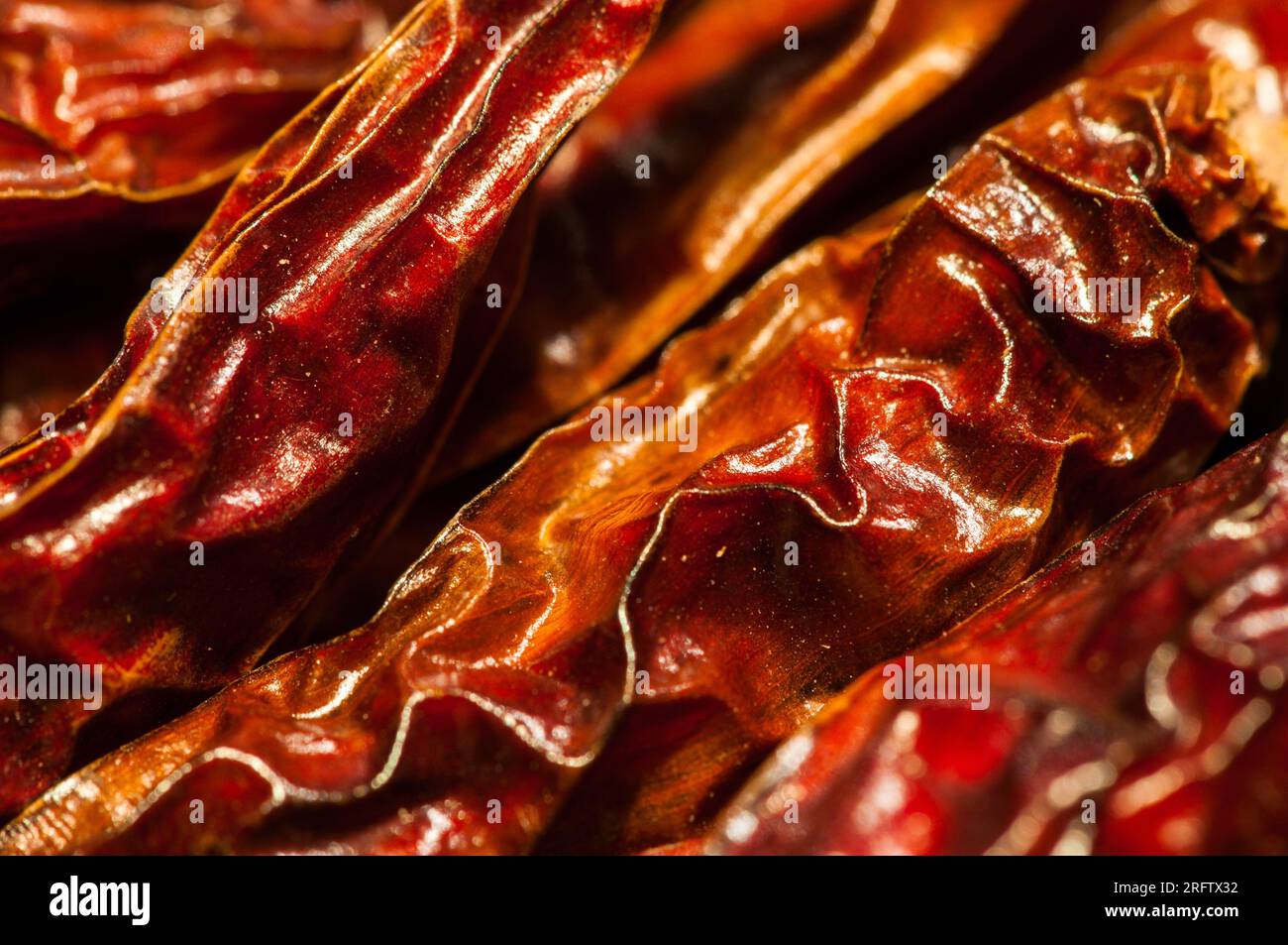 Eine Nahaufnahme der feurigen, getrockneten roten Chili (Pfeffer). Stockfoto