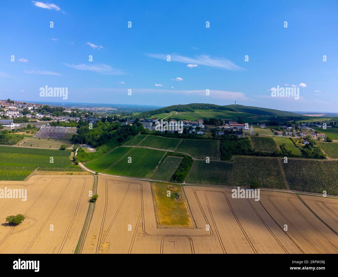 Weinberge der Appellation Sancerre, Herstellung von trockenem Weißwein aus der traube sauvignon Blanc, die auf Hügeln am linken Ufer des Flusses Loire auf differen angebaut wird Stockfoto