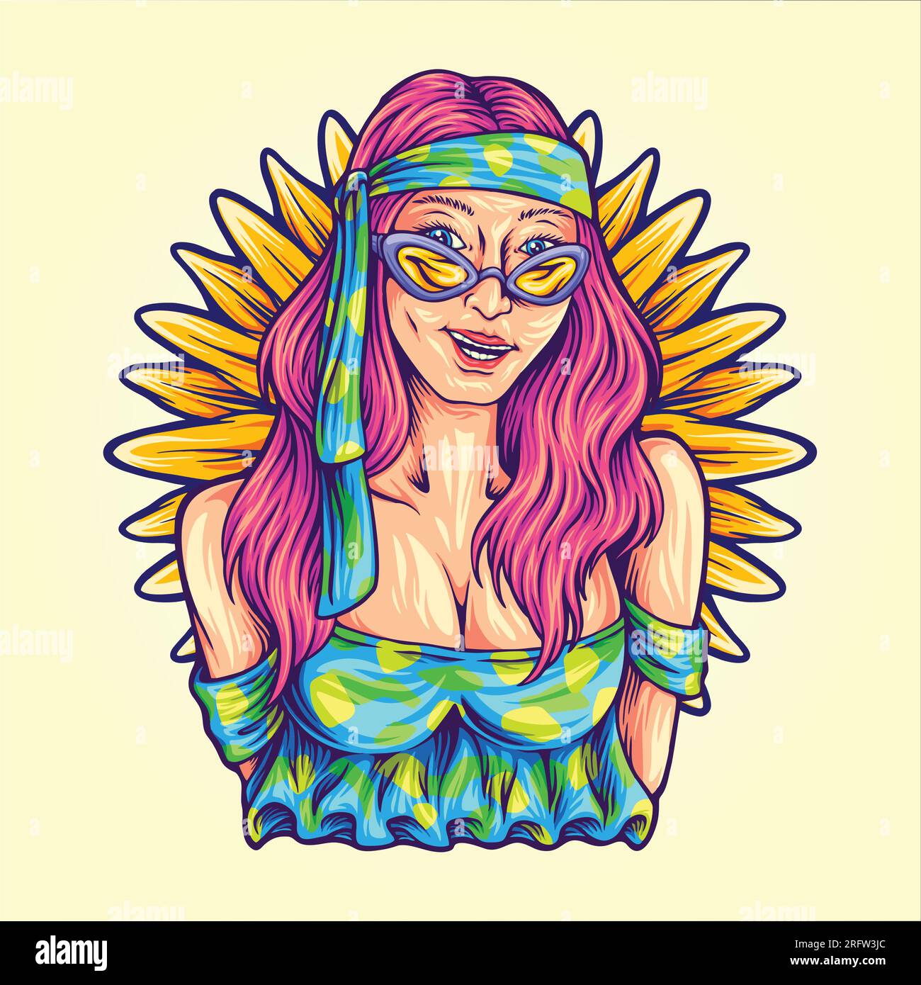 Verspielte Hippie-Babe-Blume-Vektorbilder für dein Arbeitslogo, Merchandise-T-Shirt, Aufkleber und Etikettendesigns, Poster, Gruß c Stock Vektor