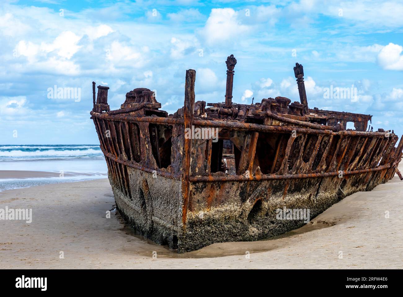 Fraser Island Schiffswrack, SS Maheno Ozeanschiffwrack am 75 Meilen Strand, K'Gair Island, Queensland, Australien jetzt Touristenattraktion Stockfoto
