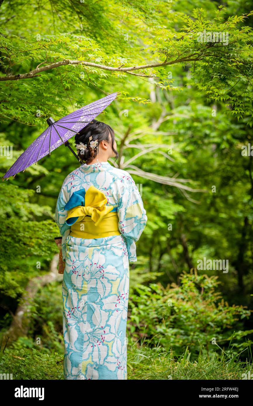 Rückansicht einer Frau, die einen japanischen Yukata-Sommerkimono trägt und einen traditionellen japanischen Ölpapierschirm im Naturwald hält. Kyoto, Japan. Stockfoto