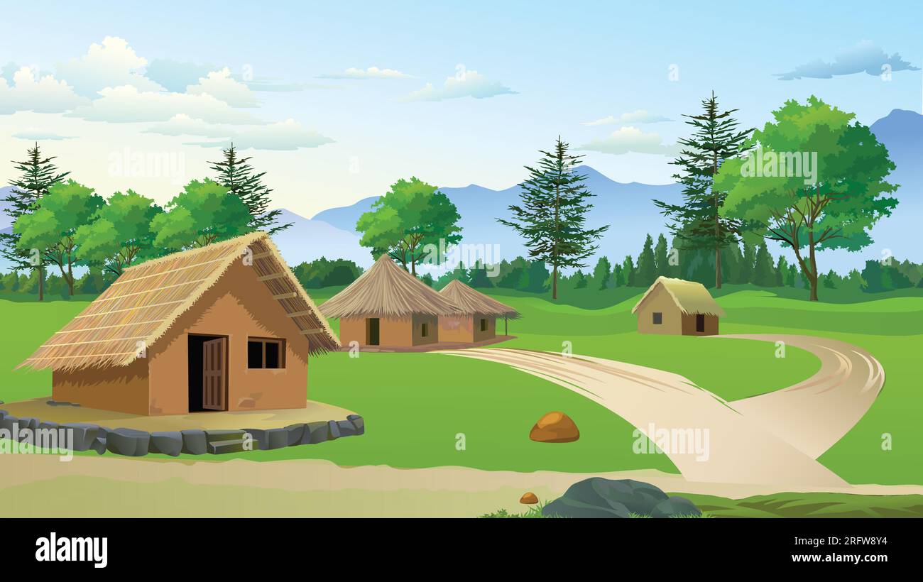 Indianer Dorfhaus Gegend Leute leben in Gruppenbereich. Bauernhaus im ländlichen Raum. Stock Vektor
