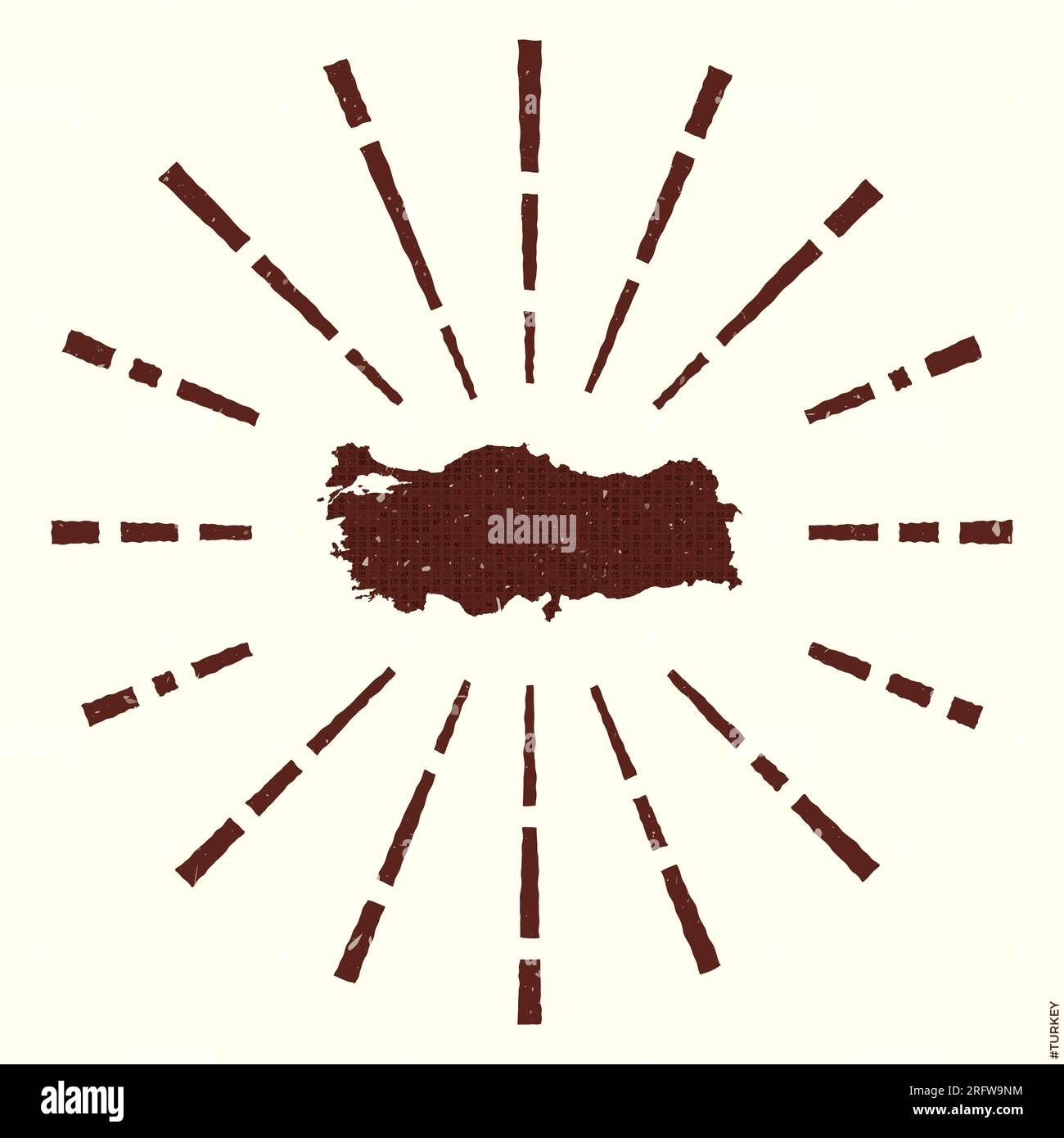 Türkei-Logo. Grunge Sunburst Poster mit Landkarte. Die Form des Truthahns ist gefüllt mit Hexziffern mit Sonnenstrahlen. Stock Vektor