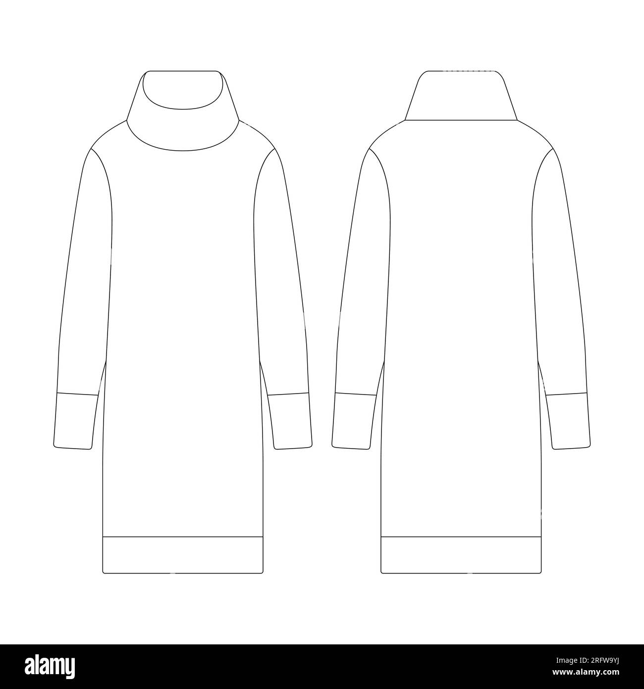 Vorlage Damen Rollkragen langärmeliges Kleid Vektorgrafik flaches Design Outline Bekleidungskollektion Oberbekleidung Stock Vektor