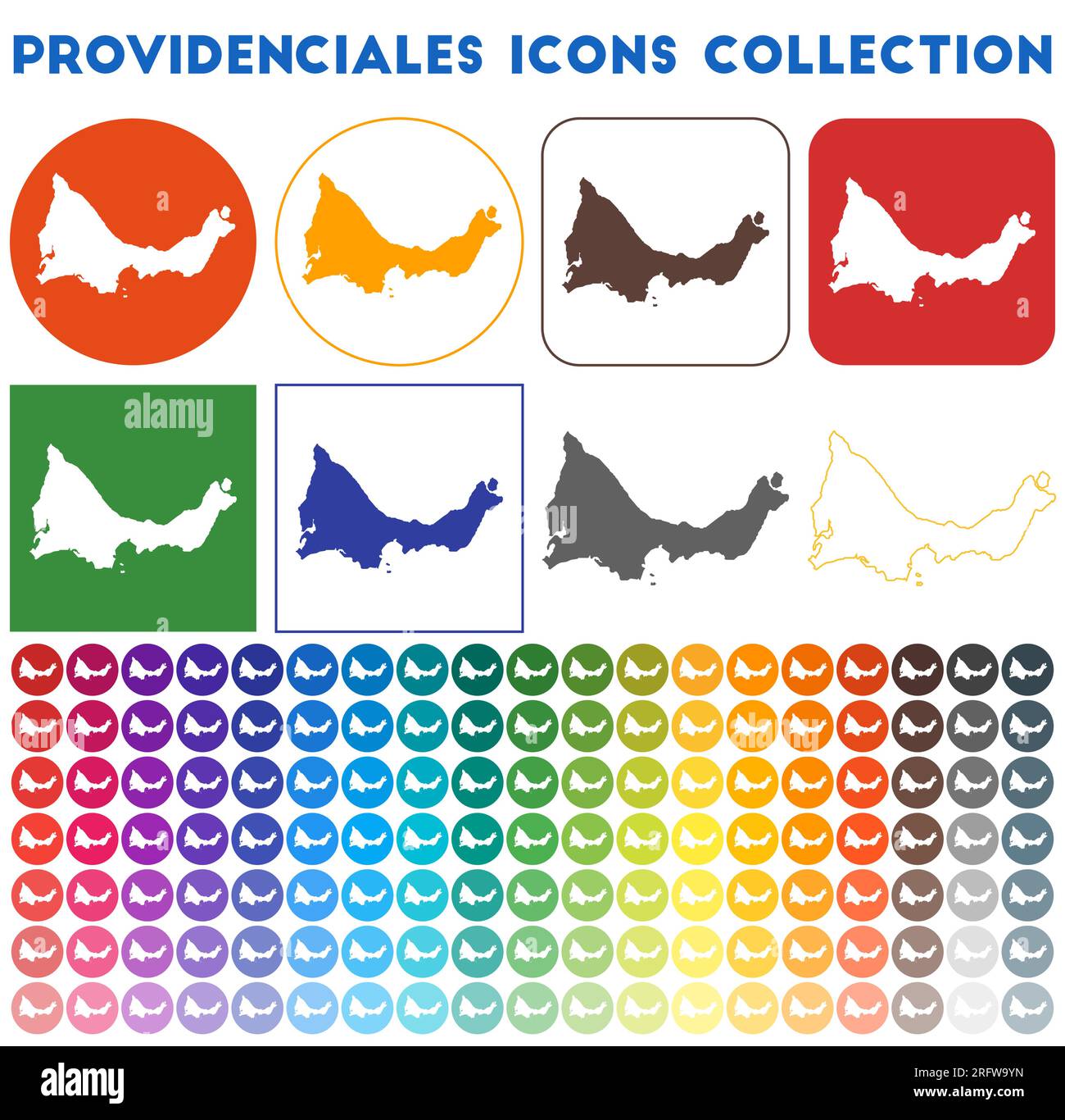 Sammlung von Providenciales-Symbolen. Bunte, trendige Kartensymbole. Modernes Providenciales-Abzeichen mit Inselkarte. Vektorabbildung. Stock Vektor