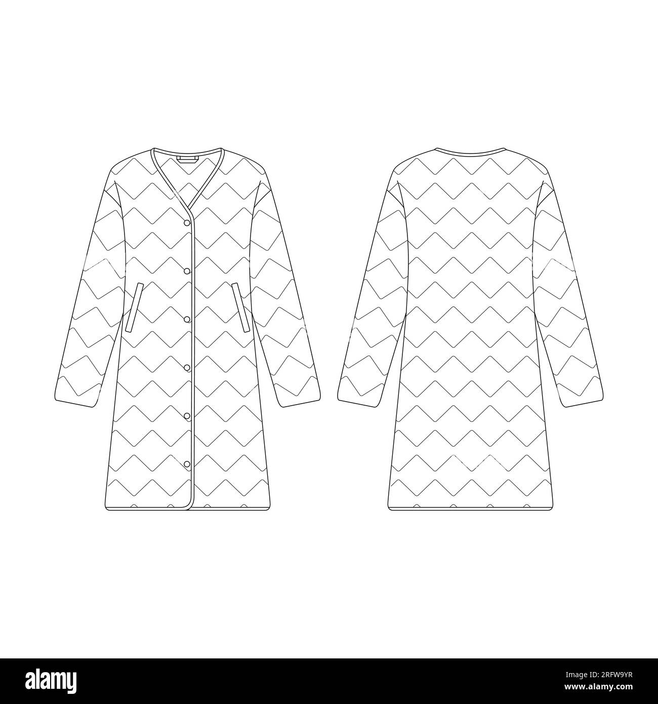 Vorlage Frauen V-Ausschnitt Daunen langer Mantel Vektorgrafik flaches Design Umriss Bekleidungskollektion Oberbekleidung Stock Vektor