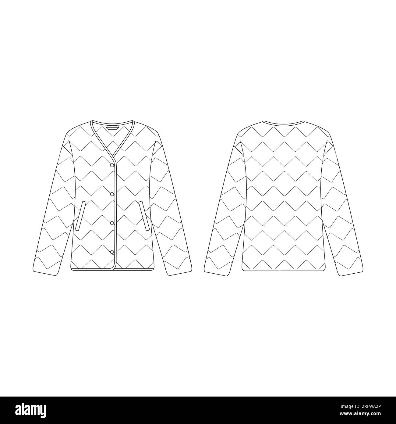 Vorlage Frauen Daunenjacke mit V-Ausschnitt Vektorgrafik flaches Design Outline Bekleidungskollektion Oberbekleidung Stock Vektor