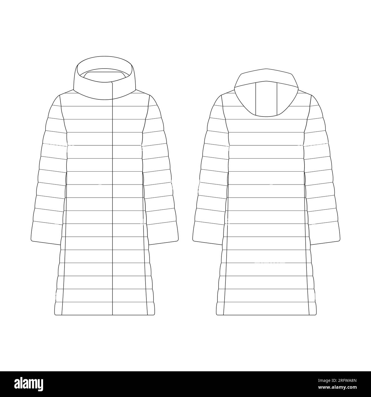 Vorlage Damen Daunen lange Jacke Vektor Illustration flaches Design Umriss Bekleidungskollektion Oberbekleidung Stock Vektor