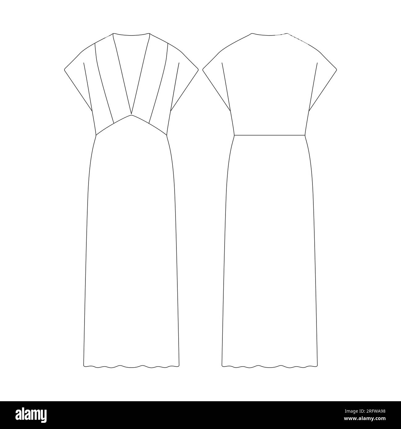 Vorlage drapiertes Kleid mit V-Ausschnitt knöchellang Vektorzeichnung flaches Design umrandet die Bekleidungskollektion Stock Vektor