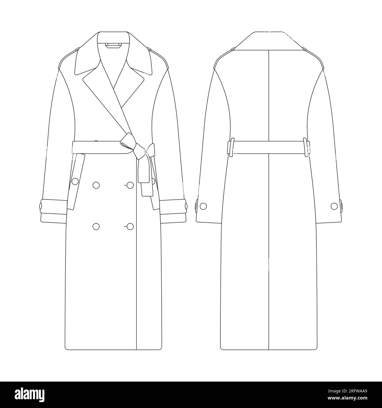 Vorlage Damen Doppelreihiger Trenchcoat Vektorgrafik flaches Design Outline Bekleidungskollektion Oberbekleidung Stock Vektor