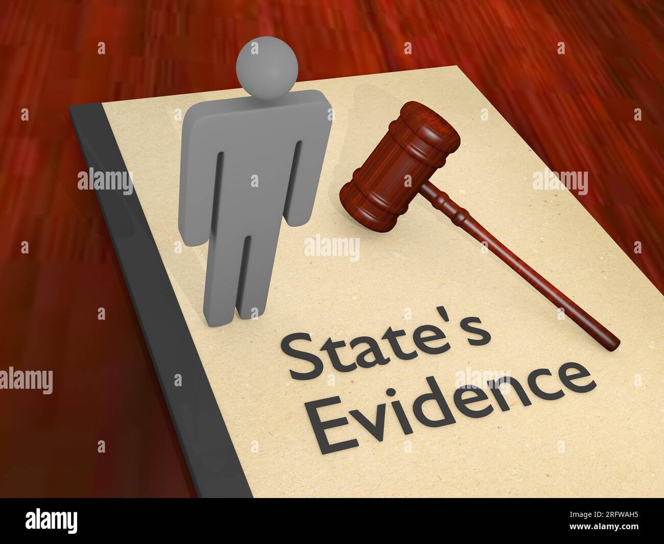 3D Abbildung einer Männersilhouette neben einem Hammer auf einer Rechtsbroschüre, als Beweisstück des Staates bezeichnet. Stockfoto