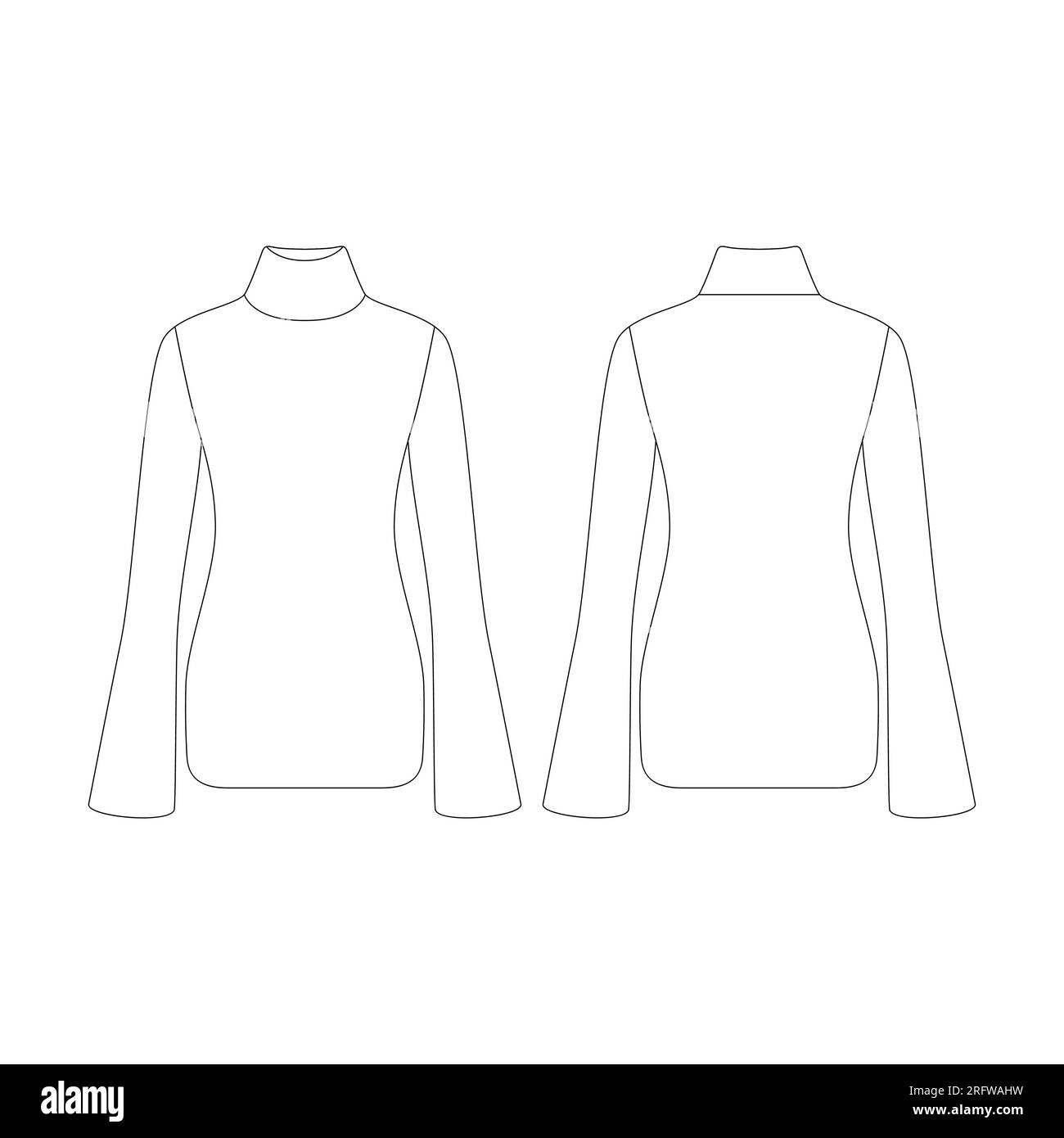 Vorlage Damen gerippter Pullover mit hohem Ausschnitt Vektorgrafik flaches Design Outline Bekleidungskollektion Oberbekleidung Stock Vektor