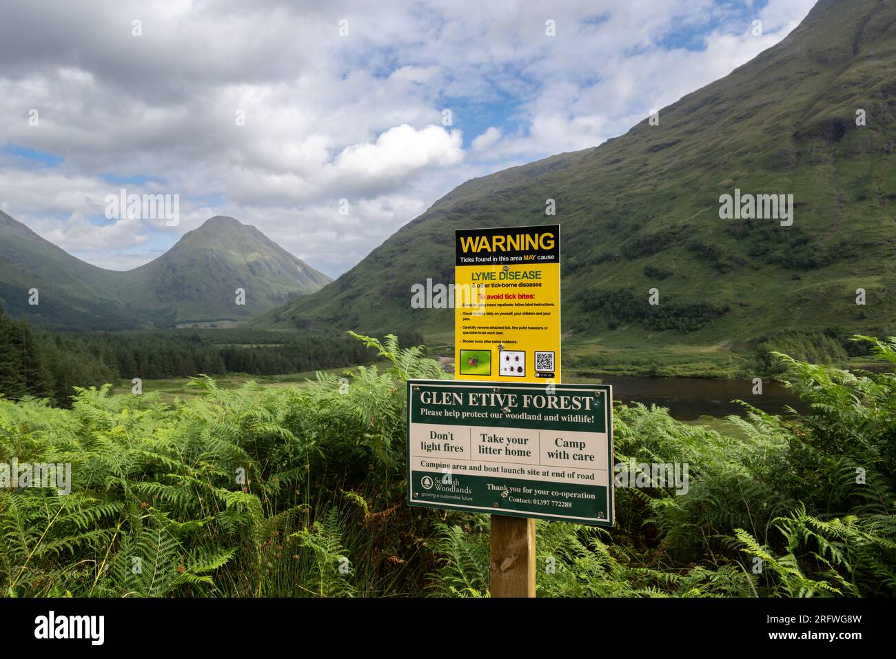 Warnung auf einem Schild auf einem schottischen Anwesen über die Gefahren der Lyme-Borreliose, die von Zecken abgeholt werden können. Glen Etive, Schottland. Stockfoto