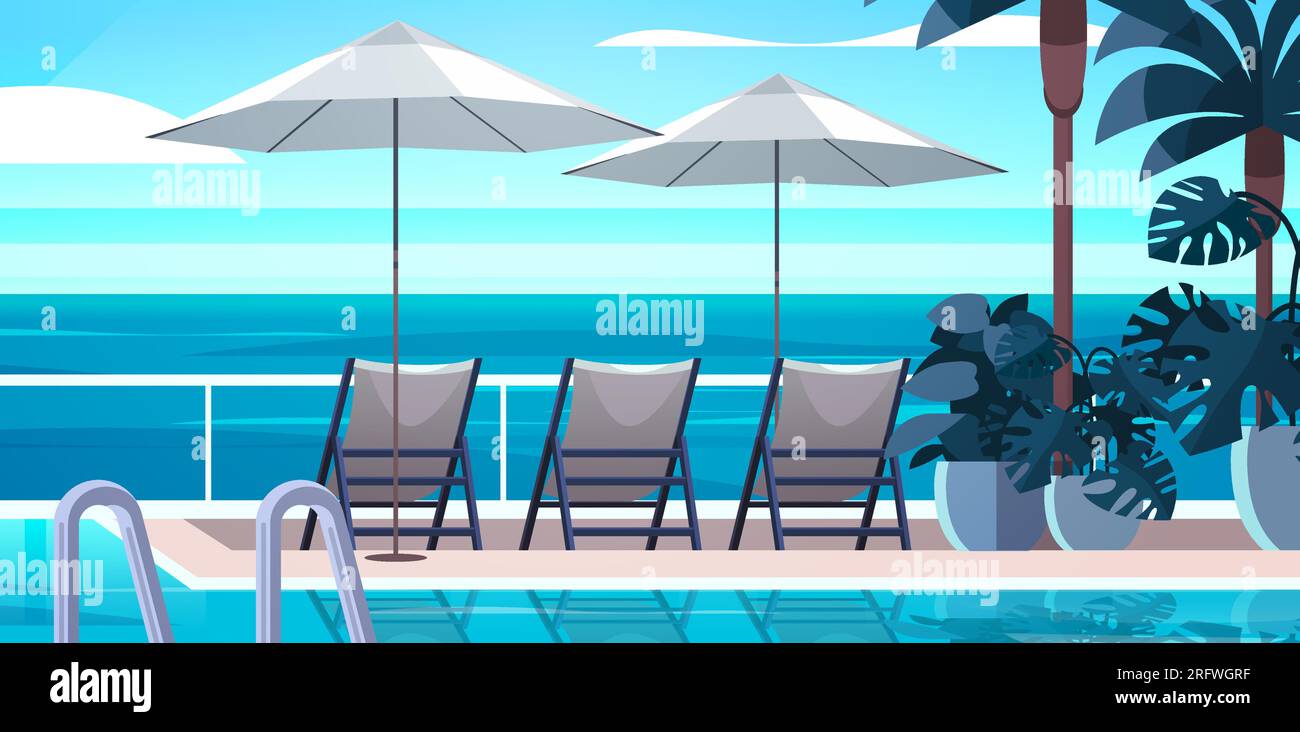 Tropisches Luxus-Resort-Hotel, Strandpool und Sitzbereich am Pool, Sommerurlaubskonzept Stock Vektor