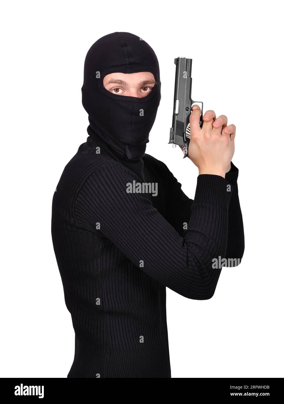 Terrorist mit Pistole auf weißem Hintergrund Stockfoto