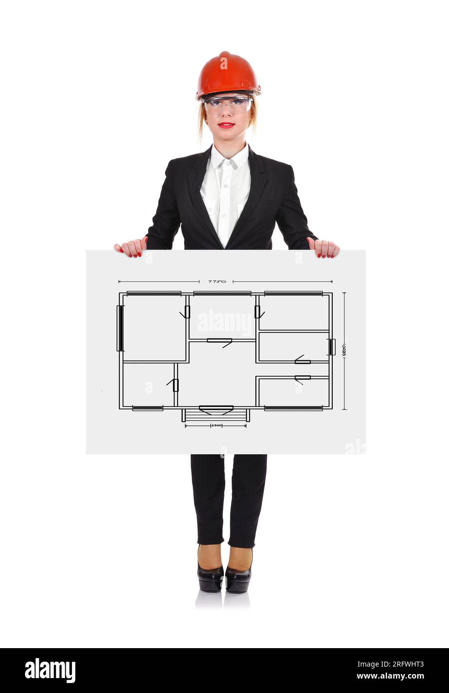 Ingenieur-Frau mit Papier mit Wohnung Projekt Stockfoto