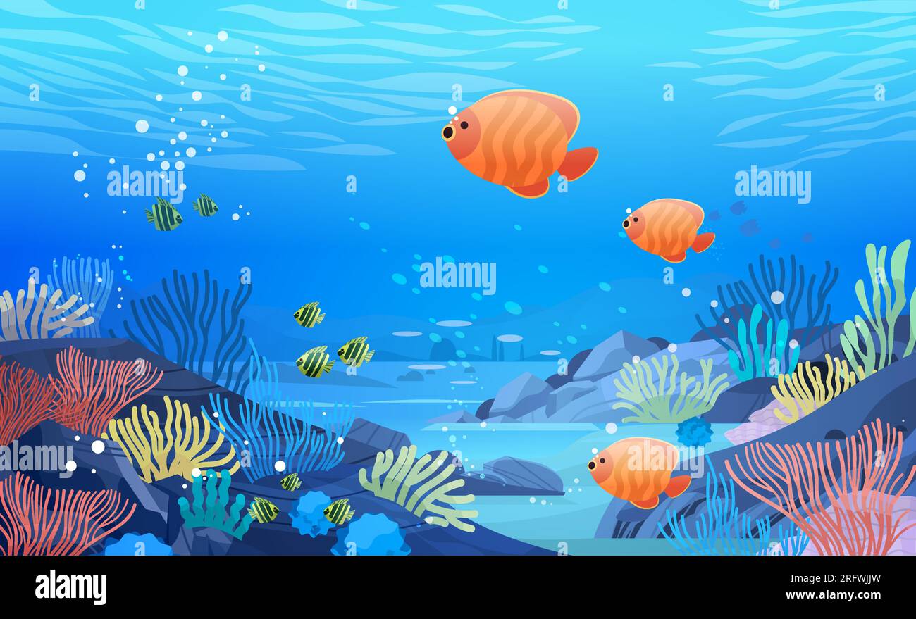 Meeres- oder Meeresfauna mit Fisch- und Korallenriff Unterwasserkonzept Stock Vektor