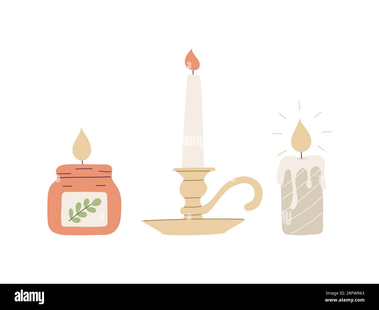 Brennende Wachskerzen im Kerzenhalter, Glas. Ein Symbol für Gemütlichkeit, Religion, Feiern, Esoterismus, Spiritualismus, Ich lerne. Flacher Cartoon-Farbvektor Stock Vektor