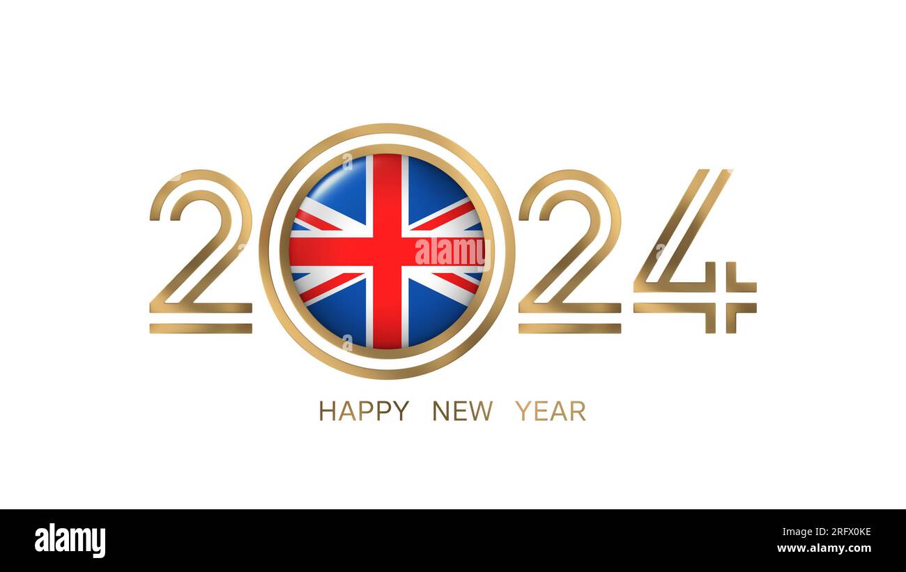 Frohes neues Jahr 2024 Flagge des Vereinigten Königreichs (britische Flagge Stockfoto