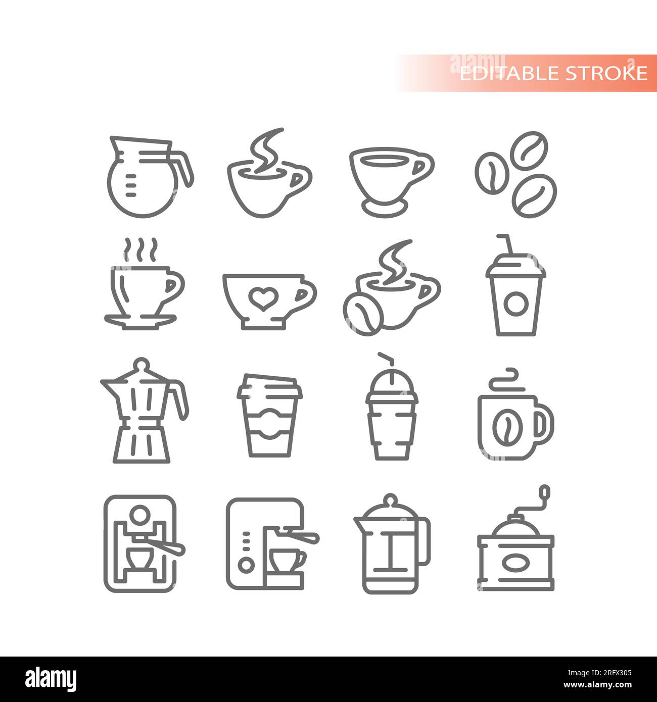 Kaffeetasse, Vektorsymbole für die Schablone. Café, Kaffee zum Mitnehmen und französisches Pressezeichen. Stock Vektor