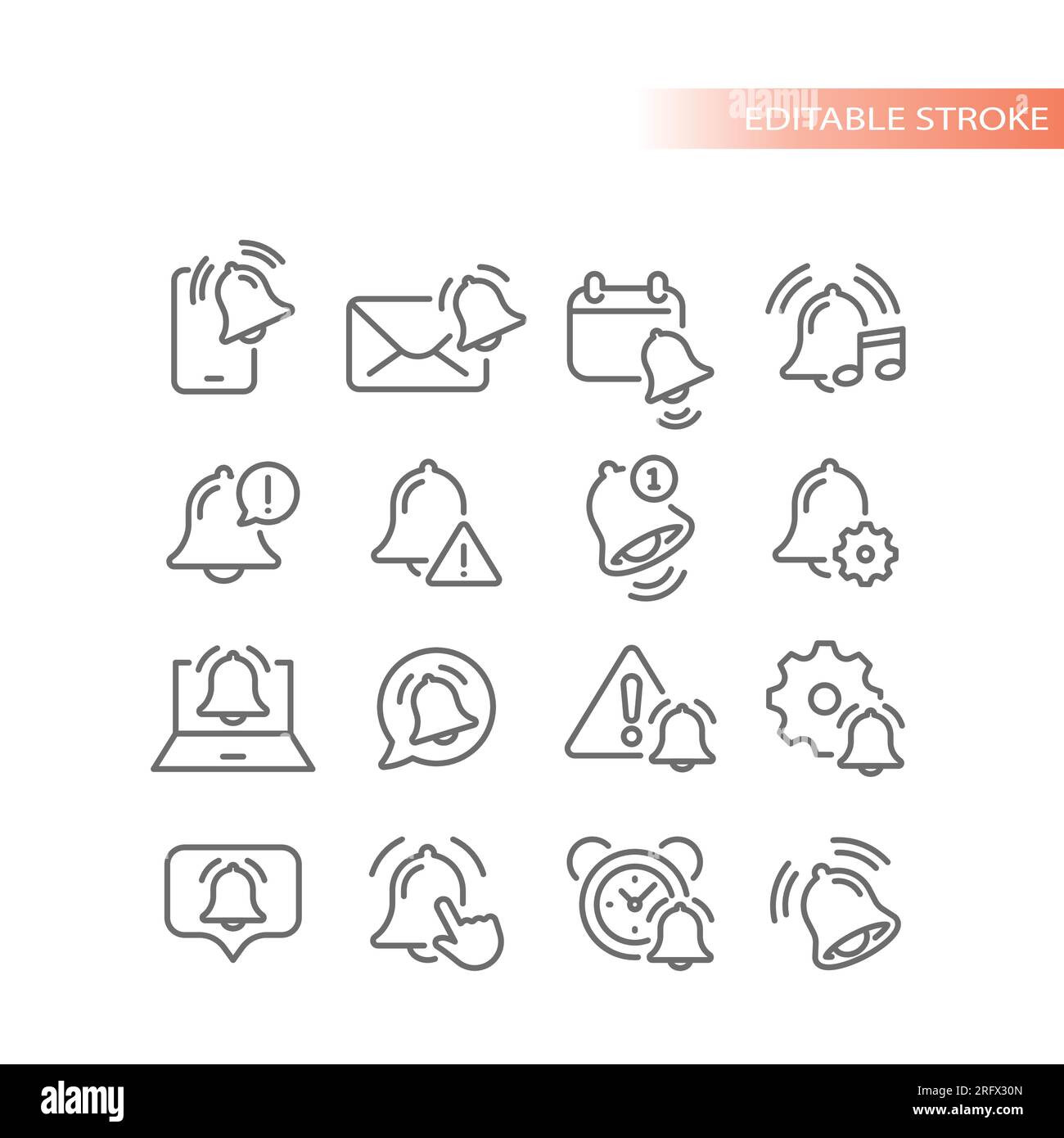 Vektorsymbole für Glockenwarnung und Benachrichtigungszeile. Symbolgruppe für Alarm-, Alarm- und Erinnerungsglocken. Stock Vektor