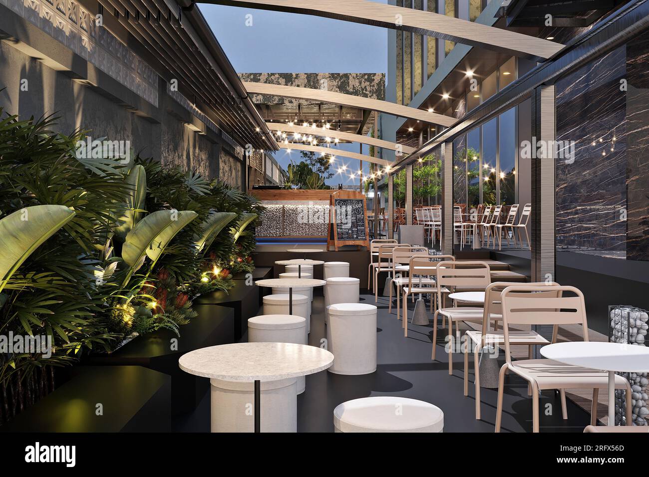 Luxuriöse Restaurantterrasse mit Pergola, 3D-Darstellung Stockfoto