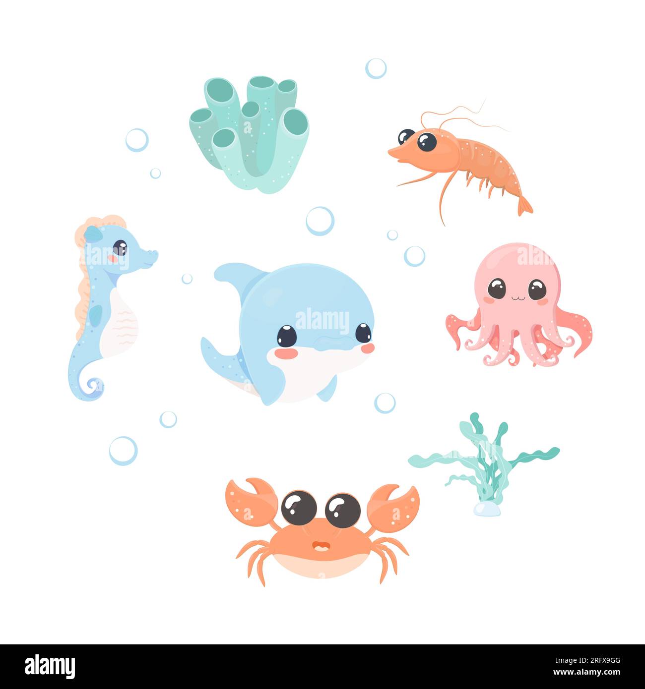 Meeresbewohner Clip Art, niedlichen Vektor auf weißen isolierten Hintergrund, Garnelen, Seetang, Korallen, Krabben, Delfine, Pferde, Kraken Stock Vektor