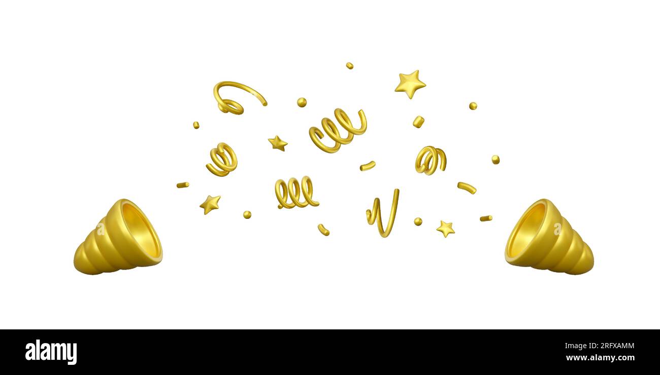 3D Party-Popper mit Konfetti-Explosion. Goldenes Konfetti für Festivals und Illustration der Feiertage. Vektor auf weiß isoliert Stock Vektor
