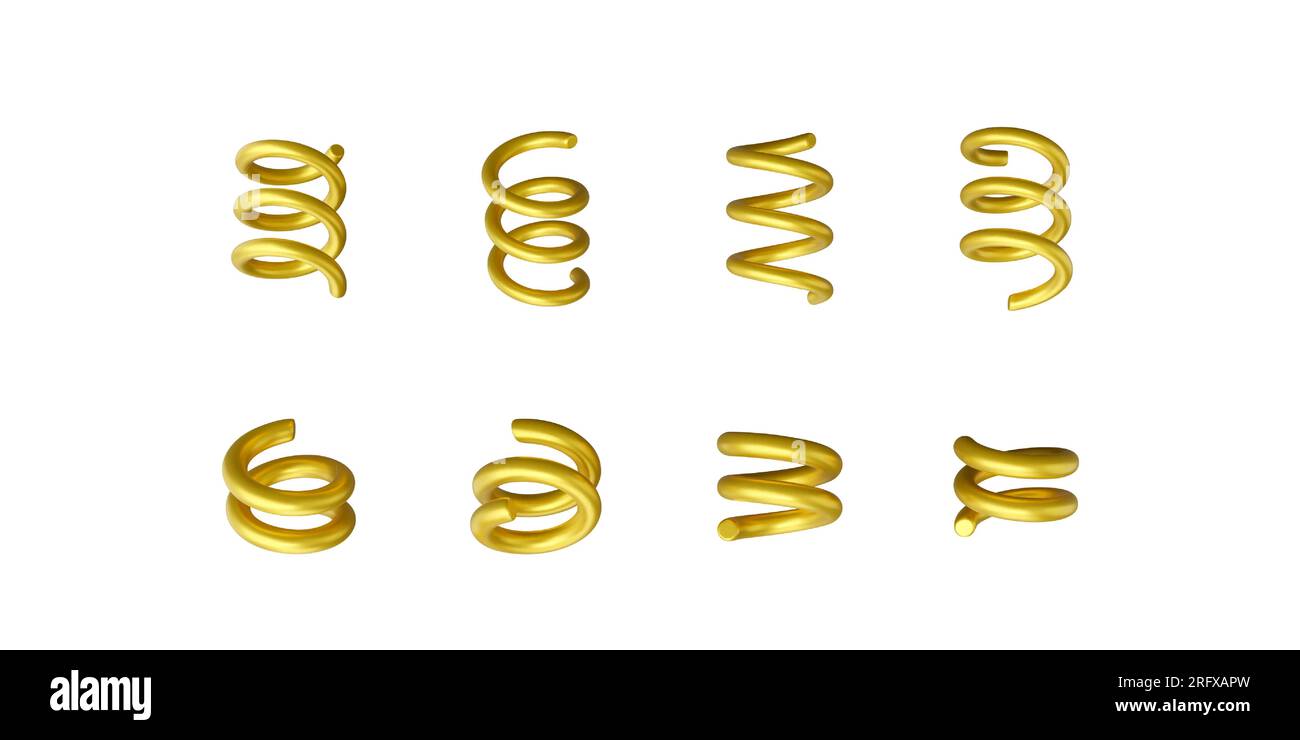 3D goldfarbenes Spiralset. Luxuriöse Konfetti-Dekoration. Glänzendes Design-Element für Geburtstagsfeiern. Vektordarstellung Stock Vektor