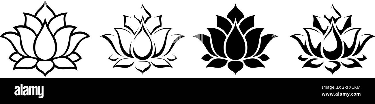 Lotus-Blumen. Schwarze Silhouetten und Konturzeichnungen von Lotusblumen, isoliert auf weißem Hintergrund. Satz von Vektorillustrationen Stock Vektor